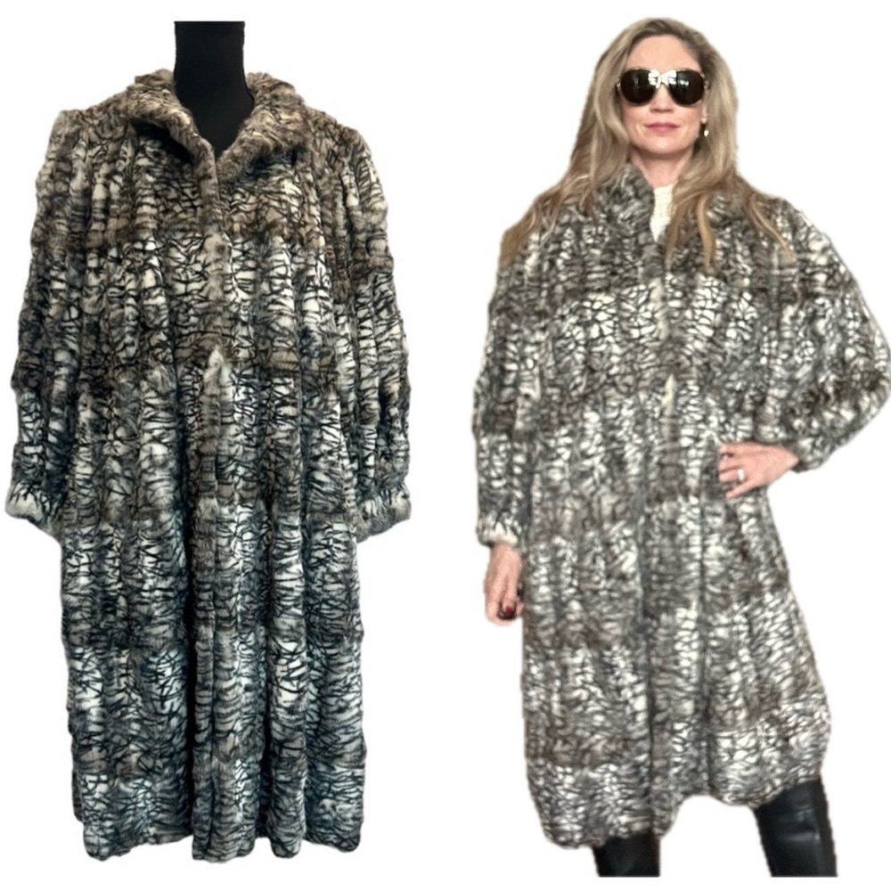 Black’s Furs Couture black gray cream long sleeve rabbit fur coat Sz XL